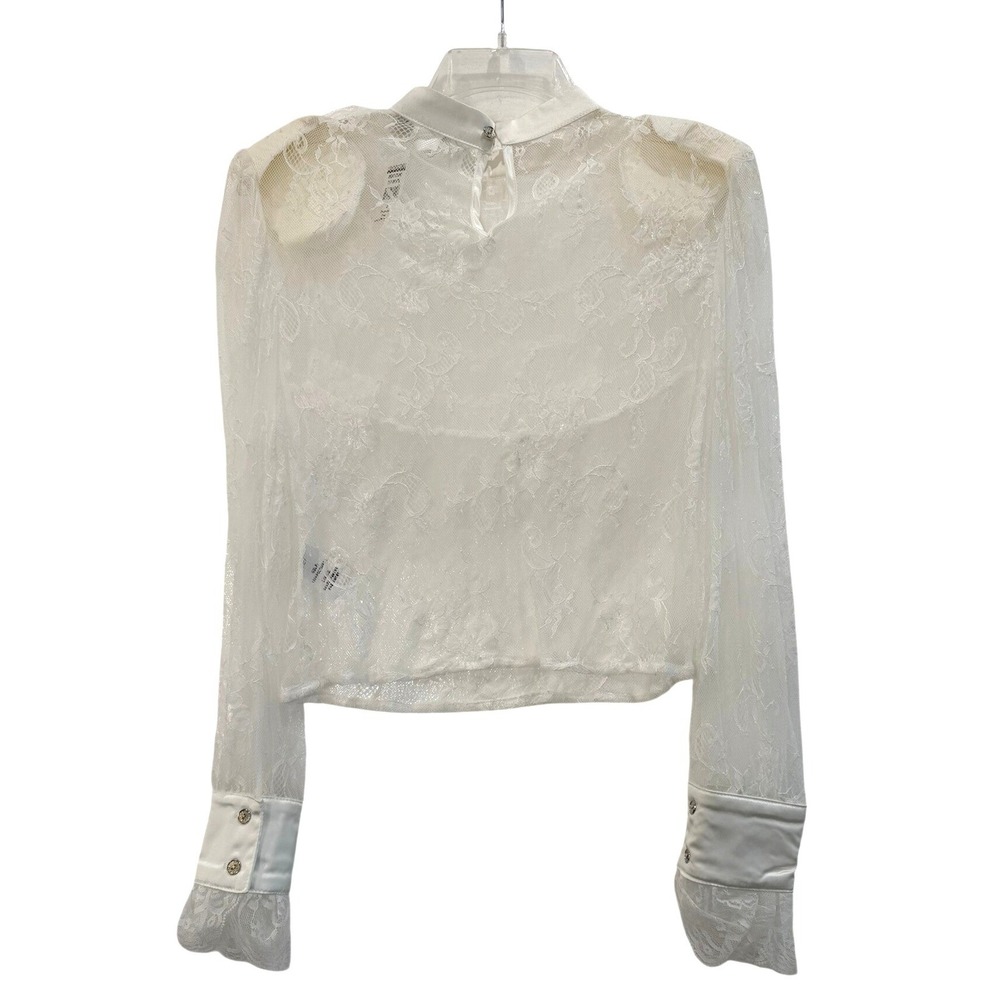 Bloomingdale's CQ by CH Small Off-White Sheer Mesh Lace Ruffle Satin Trim Blouse - Picture 5 of 8